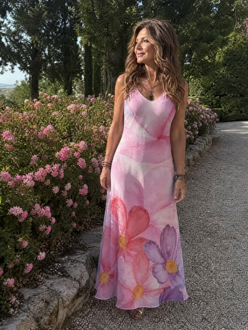 Nemen | Vestido midi fluido sin mangas con flores en acuarela