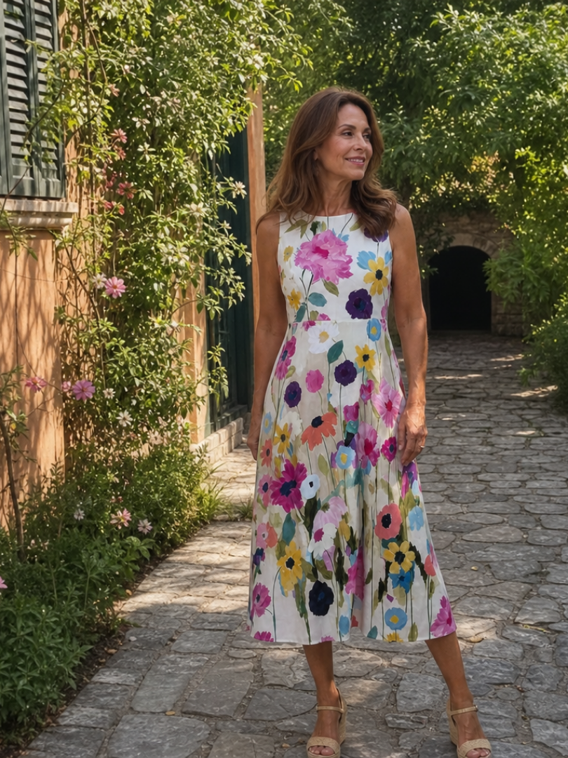 Flory | Vestido midi sin mangas de cuello redondo con estampado floral