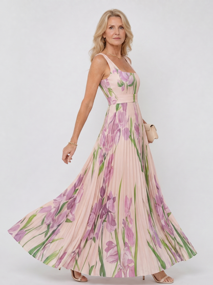 Vimele | Vestido midi plisado sin mangas con escote cuadrado