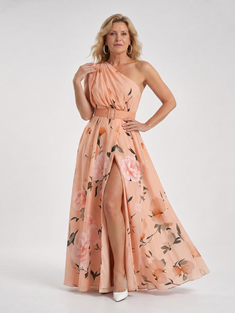 Manios | Vestido maxi de un solo hombro con cinturón y estampado floral