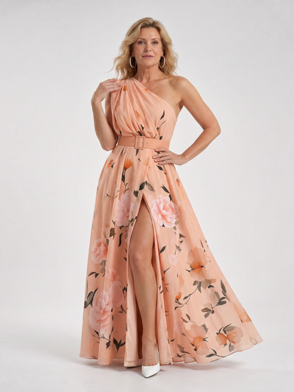 Manios | Vestido maxi de un solo hombro con cinturón y estampado floral
