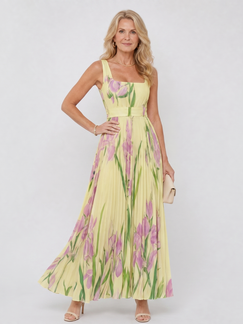 Vimele | Vestido midi plisado sin mangas con escote cuadrado
