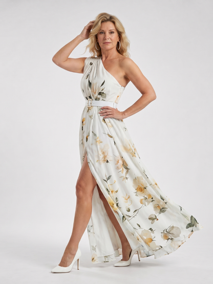 Manios | Vestido maxi de un solo hombro con cinturón y estampado floral