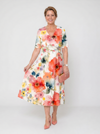 Corinne | Vestido midi estampado floral de manga corta con escote en V