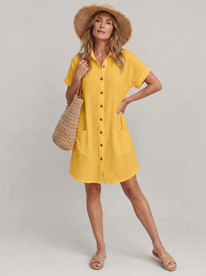 Linon | Vestido de largo midi con bolsillos delanteros y manga corta