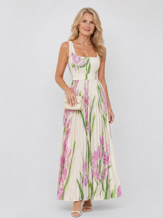Vimele | Vestido midi plisado sin mangas con escote cuadrado