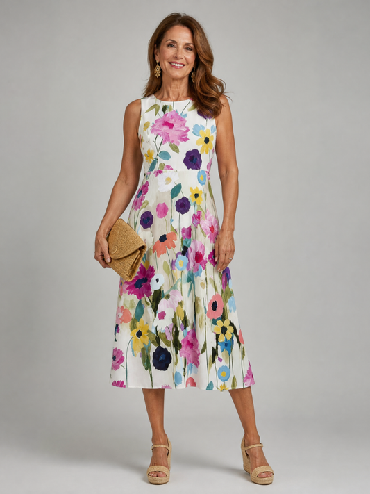 Flory | Vestido midi sin mangas de cuello redondo con estampado floral
