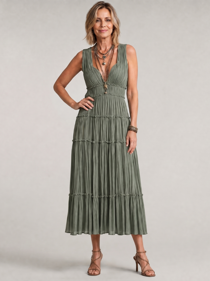 Somala | Vestido midi plisado sin mangas con escote en V y en capas