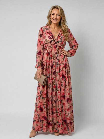 Camelo | Vestido maxi de manga larga con estampado floral en capas