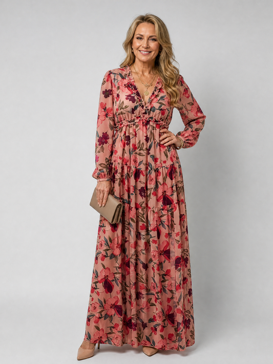 Camelo | Vestido maxi de manga larga con estampado floral en capas