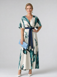 Moglos | Vestido maxi con cinturón y estampado abstracto, mangas tipo mariposa