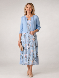 Celeste | Vestido midi con chaqueta corta sin mangas de estampado floral