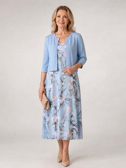 Celeste | Vestido midi con chaqueta corta sin mangas de estampado floral