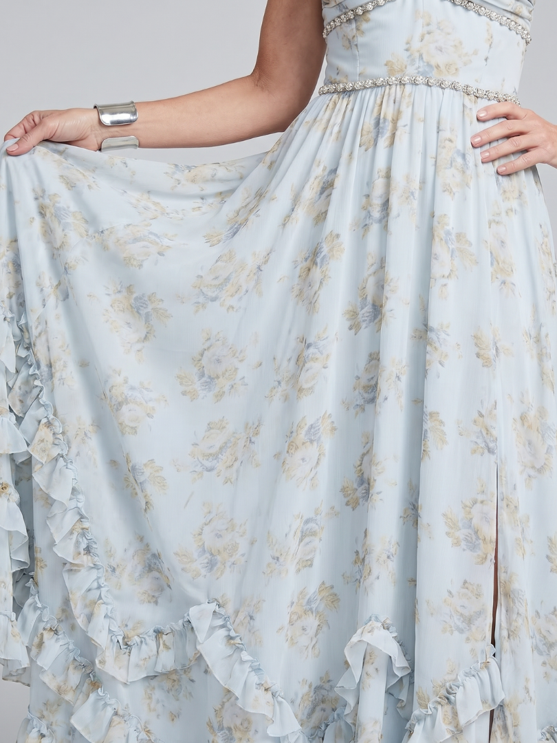 Alessia | Sukienka maxi z halter dekoltem, kwiatowym nadrukiem i koralikowymi ramiączkami