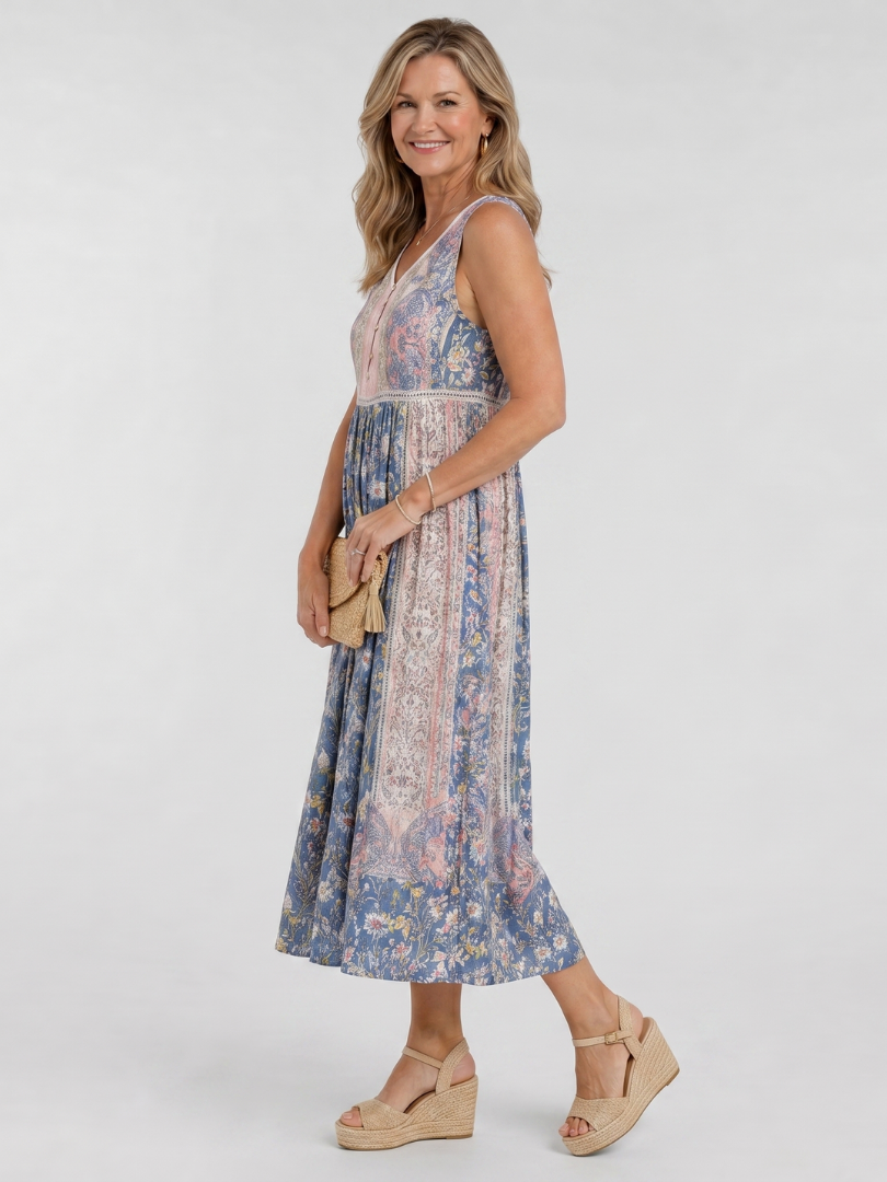 Lemez | Vestido midi sin mangas con estampado floral mixto y detalle de botones