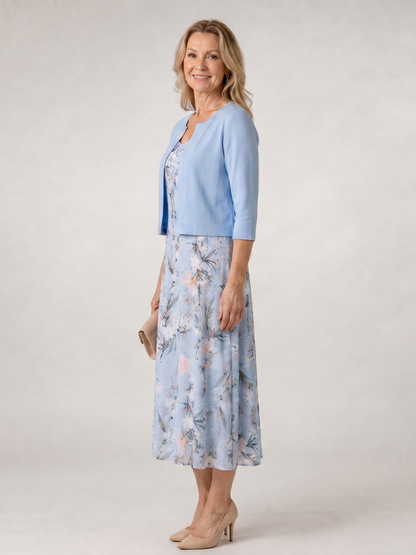 Celeste | Vestido midi con chaqueta corta sin mangas de estampado floral