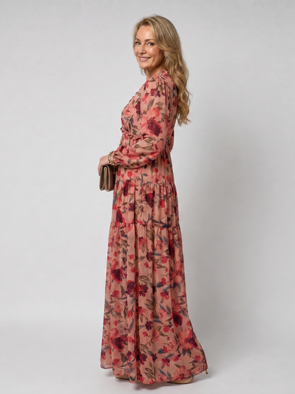 Camelo | Vestido maxi de manga larga con estampado floral en capas