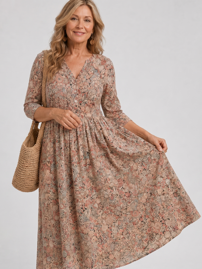 Picao | Vestido midi vintage con manga 3/4 y detalle frontal