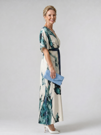 Moglos | Vestido maxi con cinturón y estampado abstracto, mangas tipo mariposa