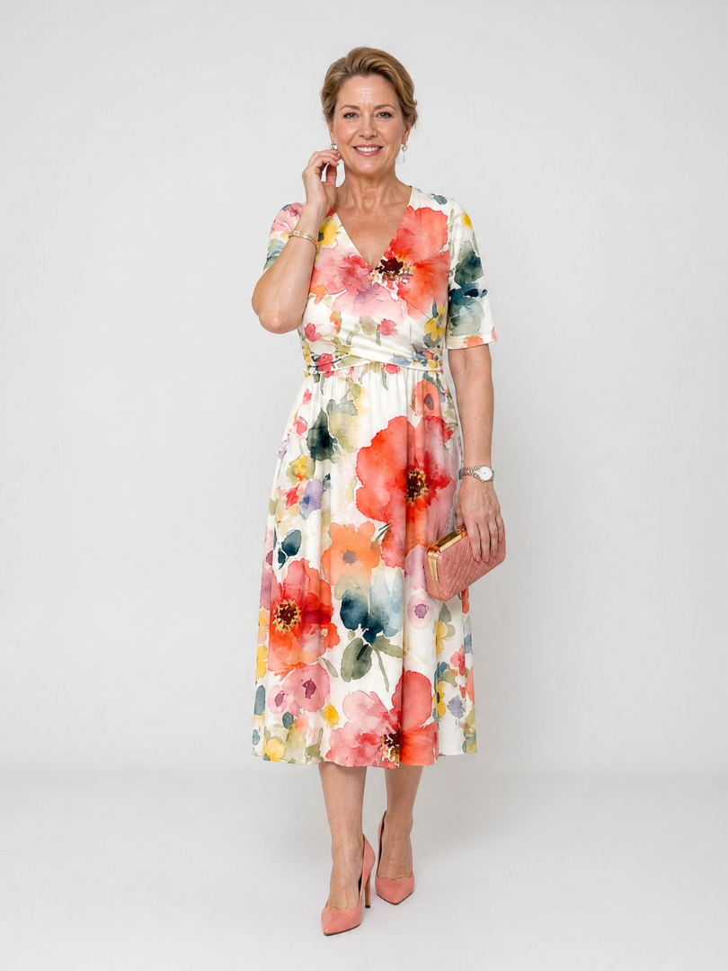 Corinne | Vestido midi estampado floral de manga corta con escote en V