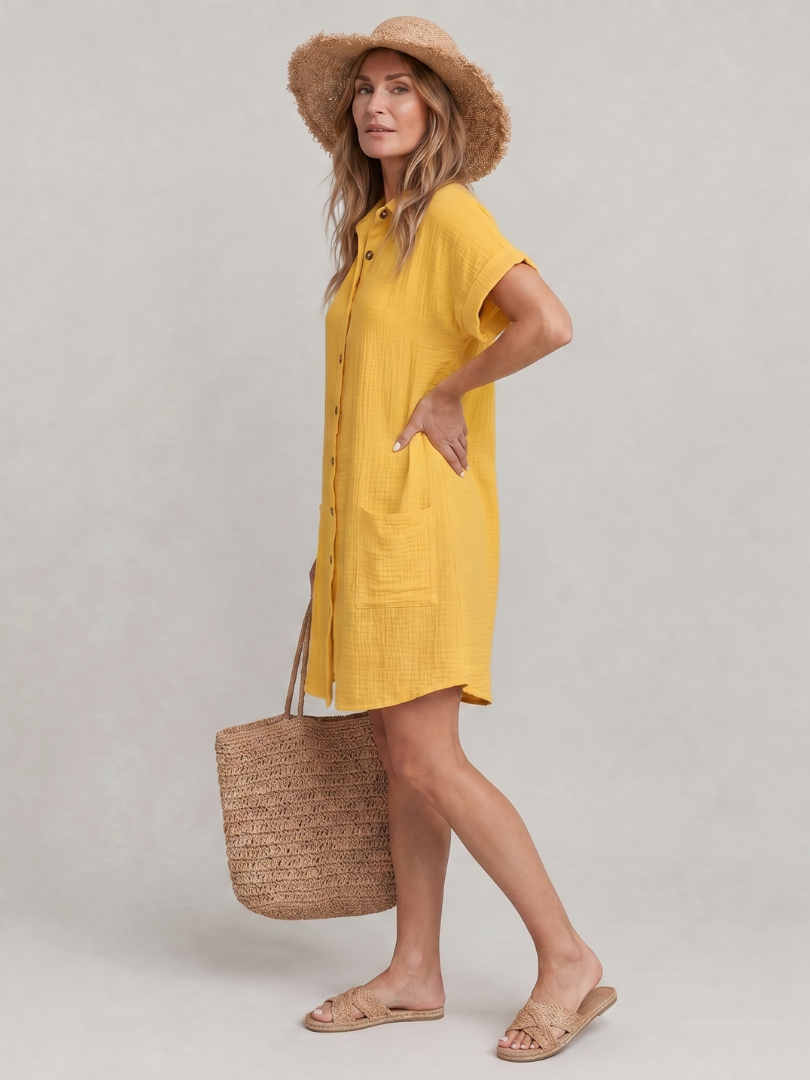 Linon | Vestido de largo midi con bolsillos delanteros y manga corta