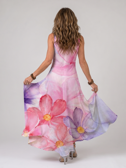 Nemen | Vestido midi fluido sin mangas con flores en acuarela