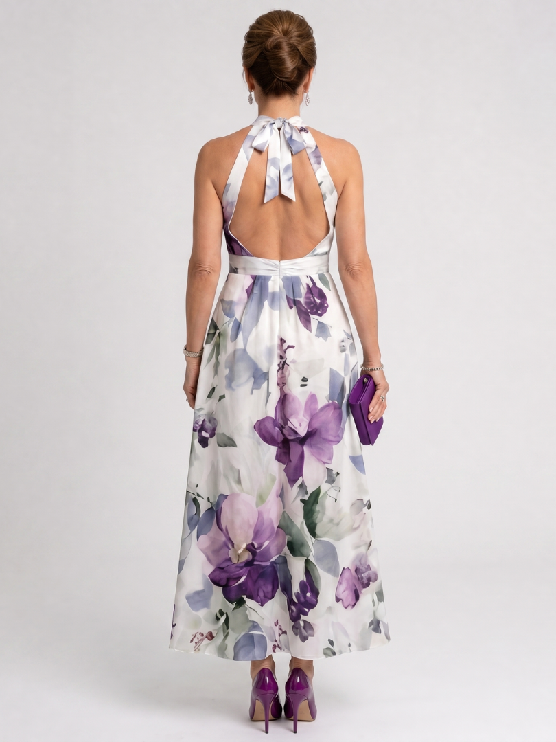 Omego | Vestido midi fluido con cuello halter y estampado floral suave