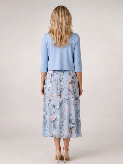 Celeste | Vestido midi con chaqueta corta sin mangas de estampado floral