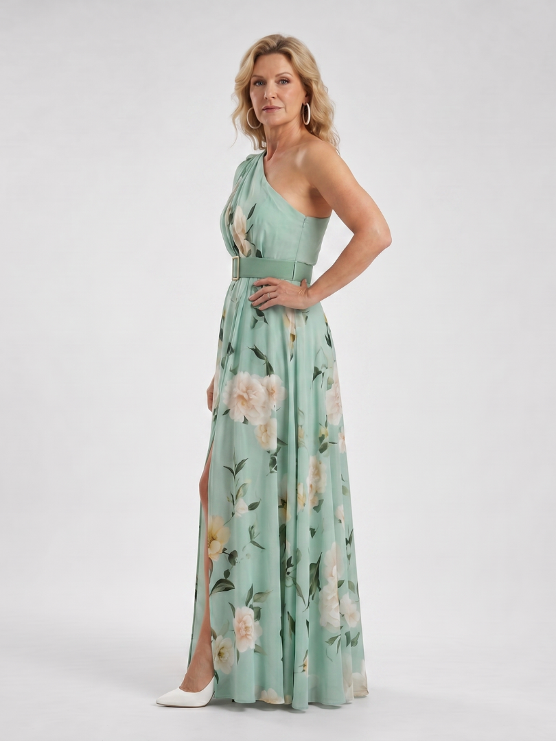 Manios | Vestido maxi de un solo hombro con cinturón y estampado floral