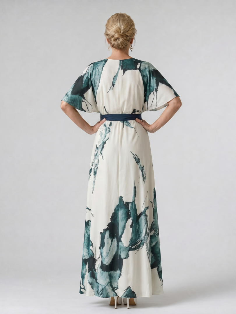 Moglos | Vestido maxi con cinturón y estampado abstracto, mangas tipo mariposa