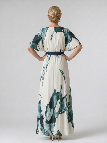 Moglos | Vestido maxi con cinturón y estampado abstracto, mangas tipo mariposa