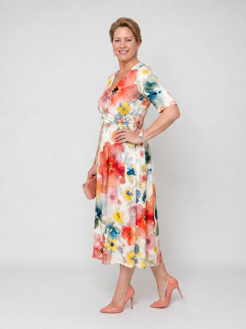 Corinne | Vestido midi estampado floral de manga corta con escote en V