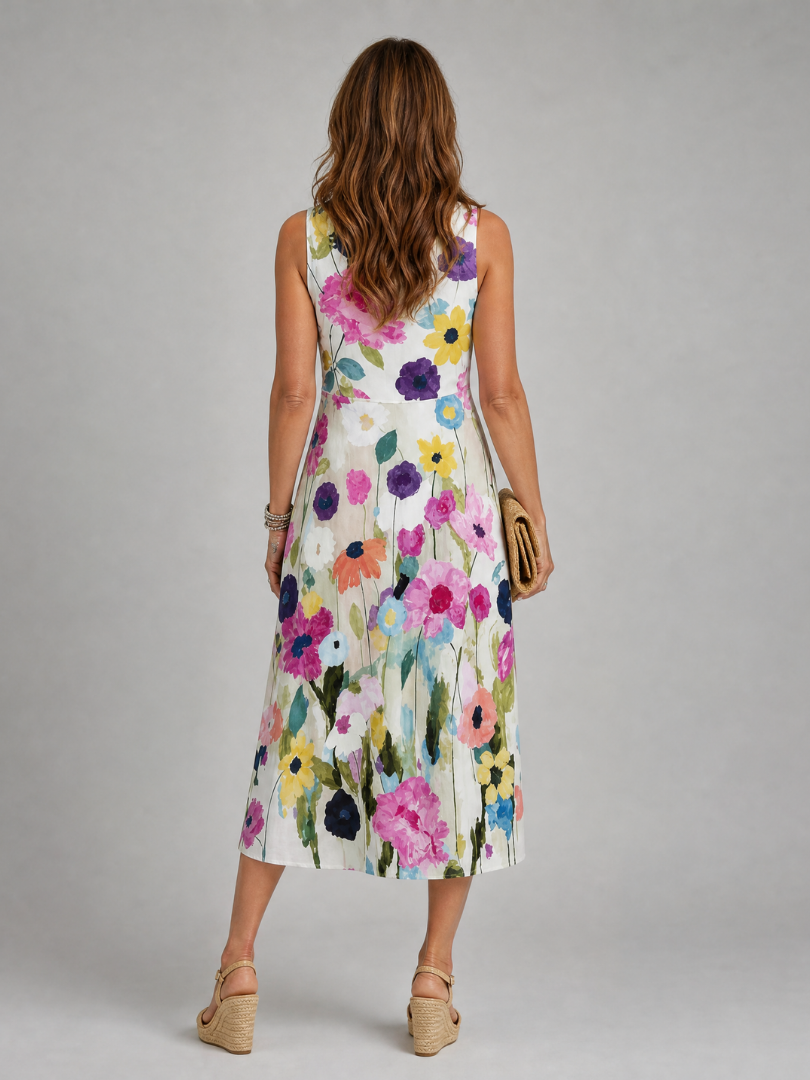 Flory | Vestido midi sin mangas de cuello redondo con estampado floral