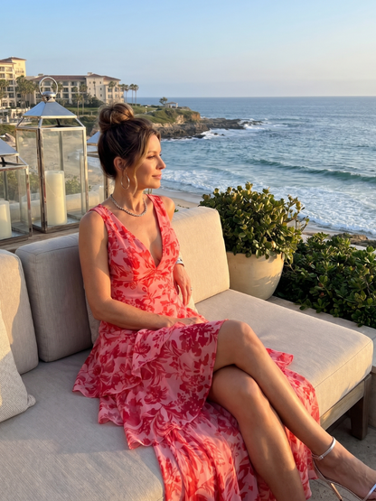 Gala | Sukienka midi bez rękawów z głębokim dekoltem V i malarskim wzorem