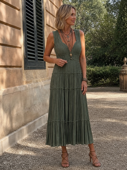 Somala | Vestido midi plisado sin mangas con escote en V y en capas