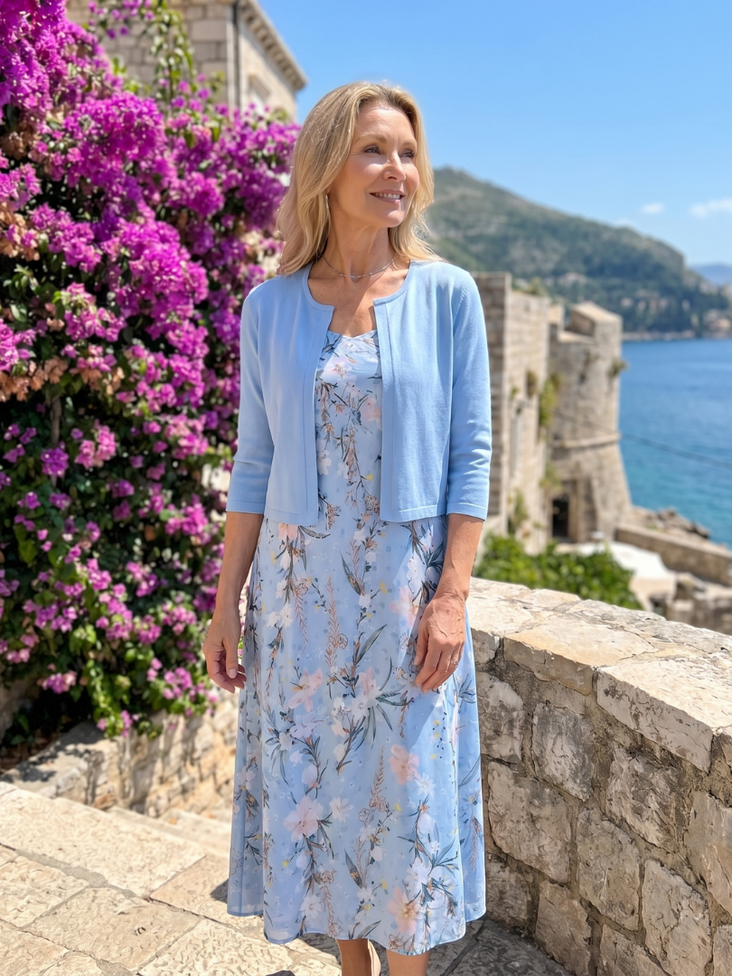 Celeste | Vestido midi con chaqueta corta sin mangas de estampado floral