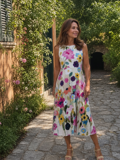 Flory | Vestido midi sin mangas de cuello redondo con estampado floral