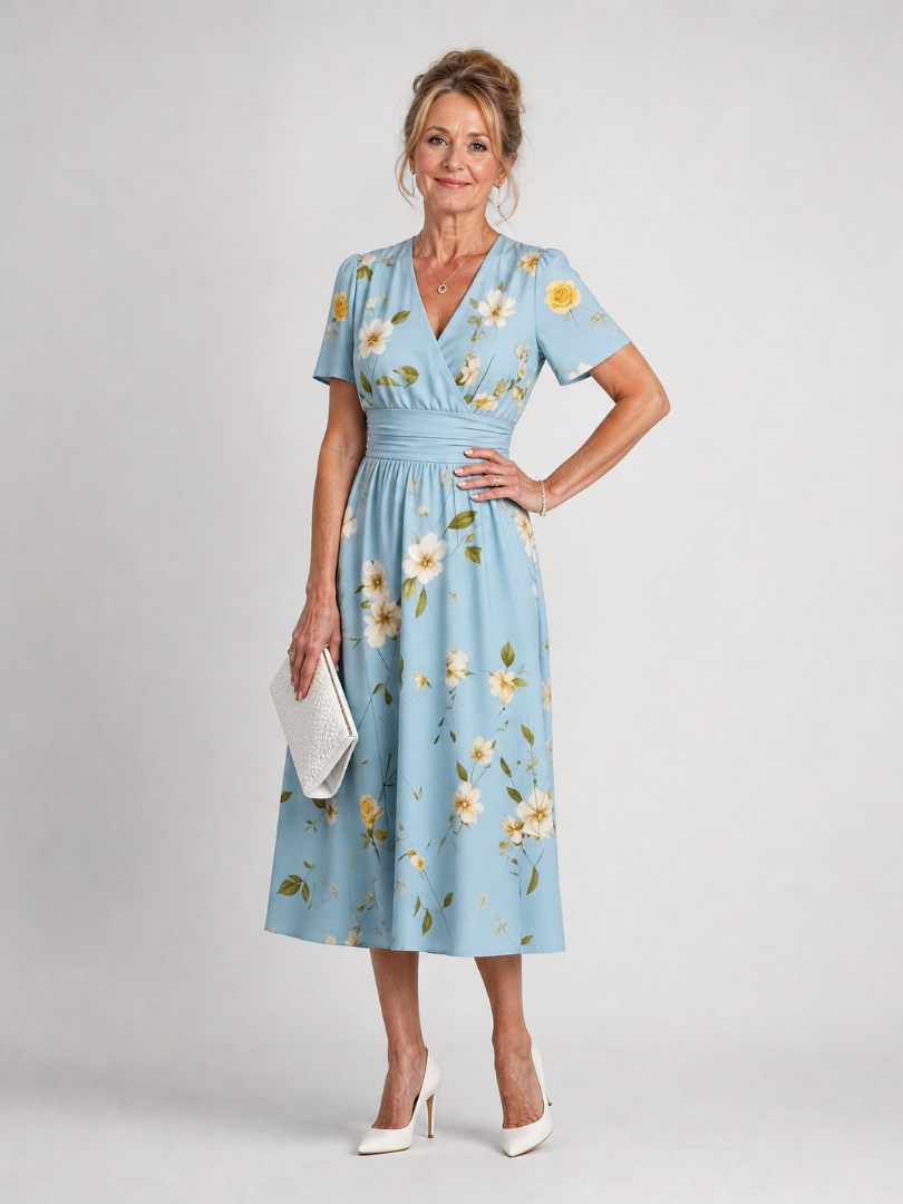 Marion | Vestido midi de manga corta con escote en V y estampado floral
