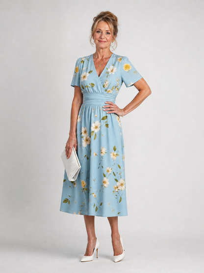 Marion | Vestido midi de manga corta con escote en V y estampado floral