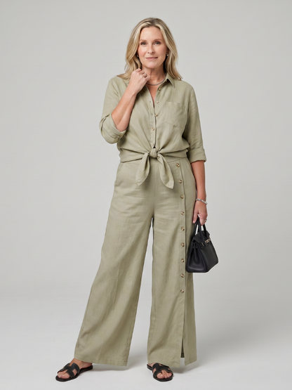 Maddelina | Conjunto de blusa de manga larga con lazo en la parte delantera y pantalones de pierna ancha