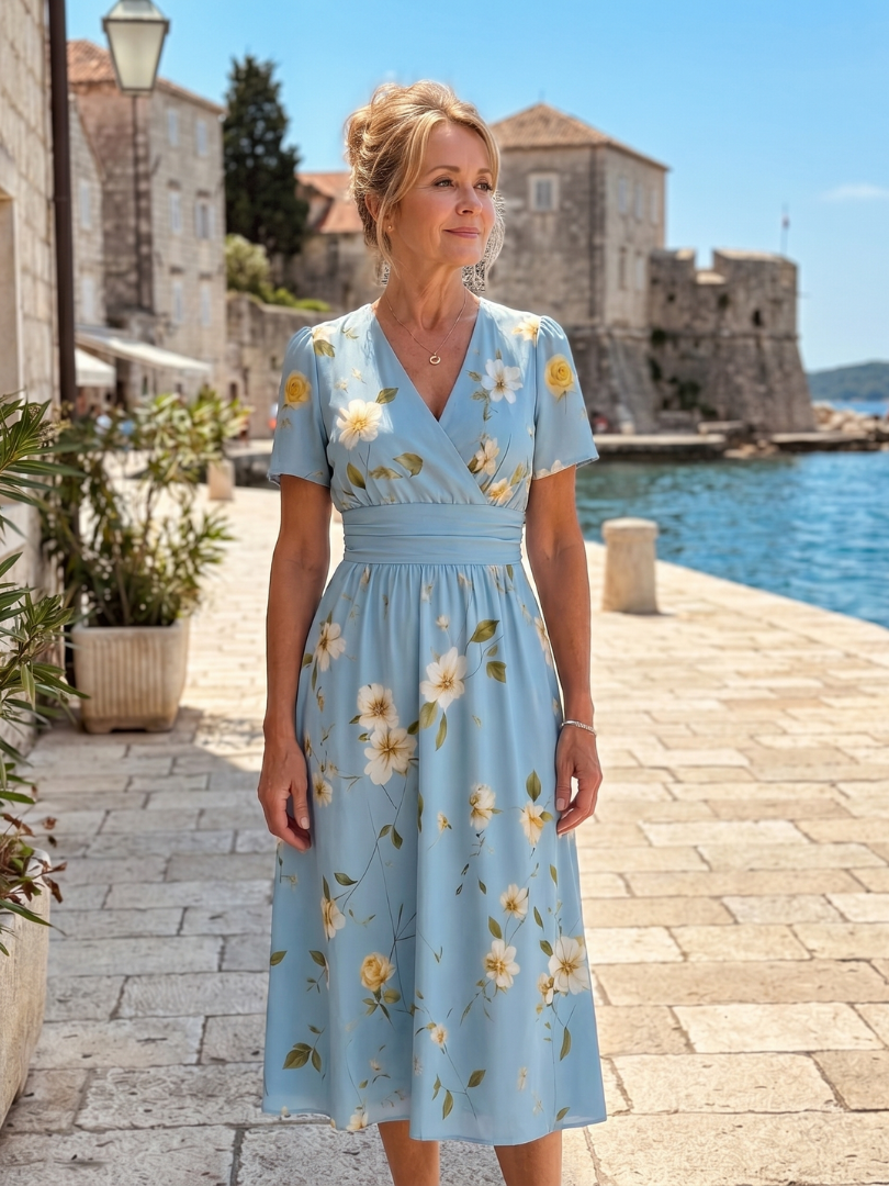 Marion | Vestido midi de manga corta con escote en V y estampado floral