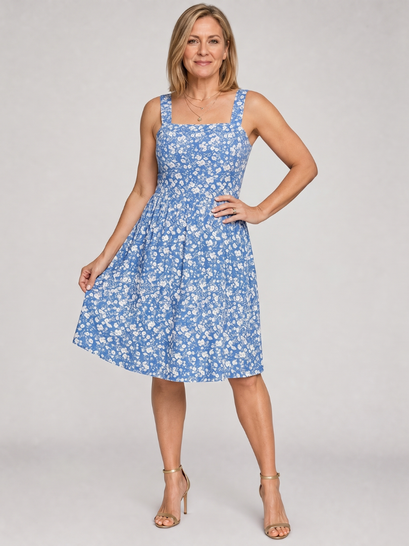 Leneva | Vestido de largo midi con escote cuadrado y estampado floral