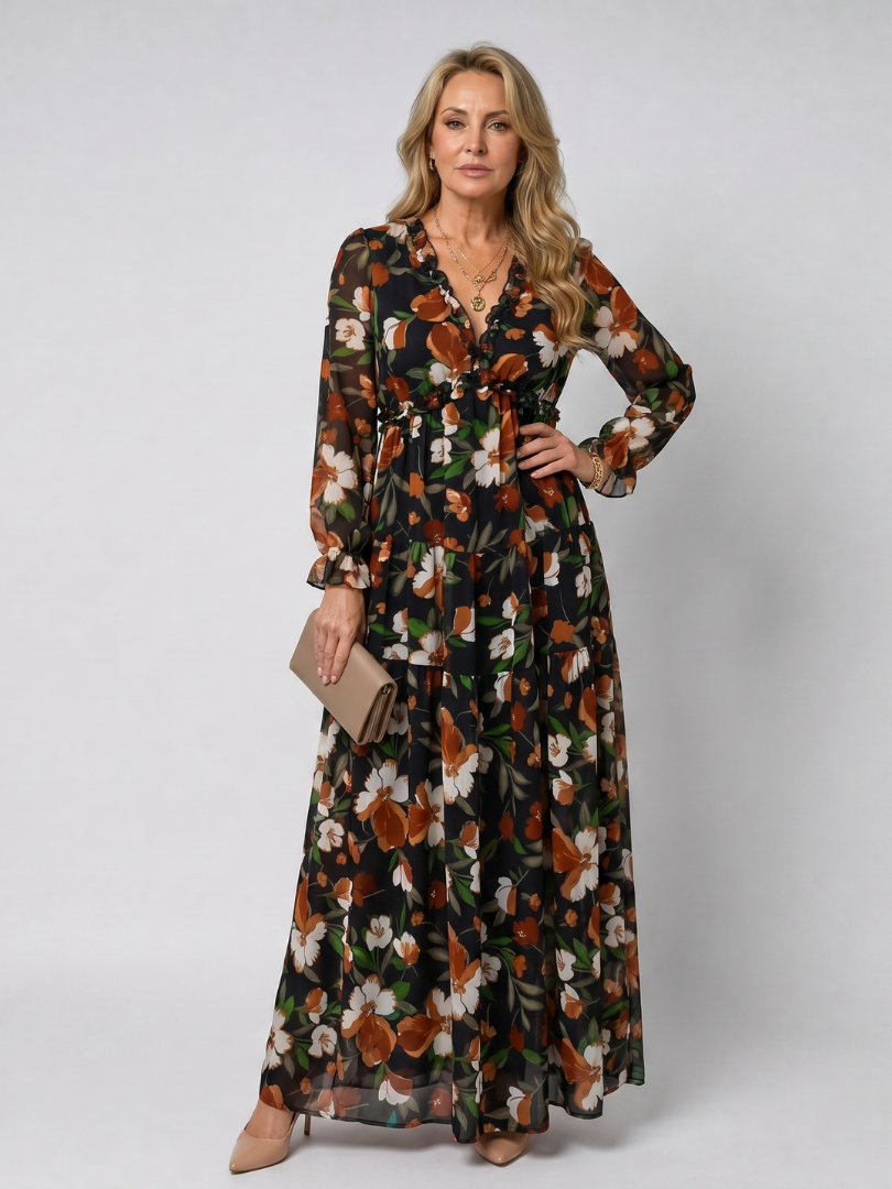 Camelo | Vestido maxi de manga larga con estampado floral en capas