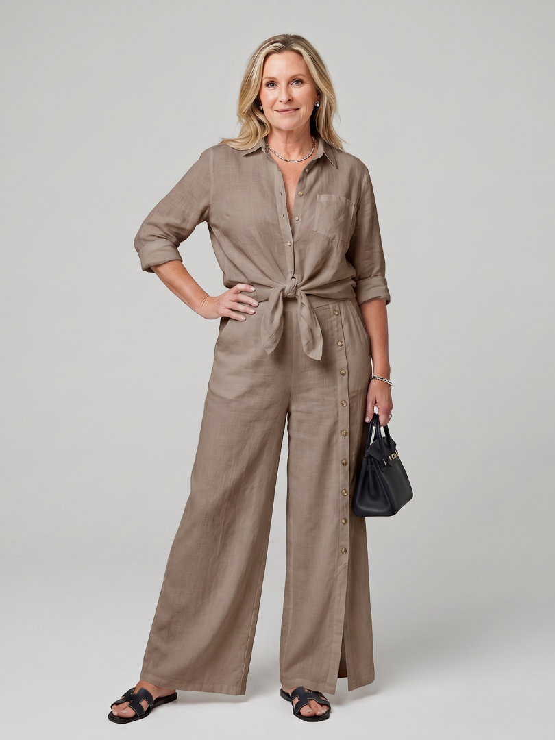 Maddelina | Conjunto de blusa de manga larga con lazo en la parte delantera y pantalones de pierna ancha