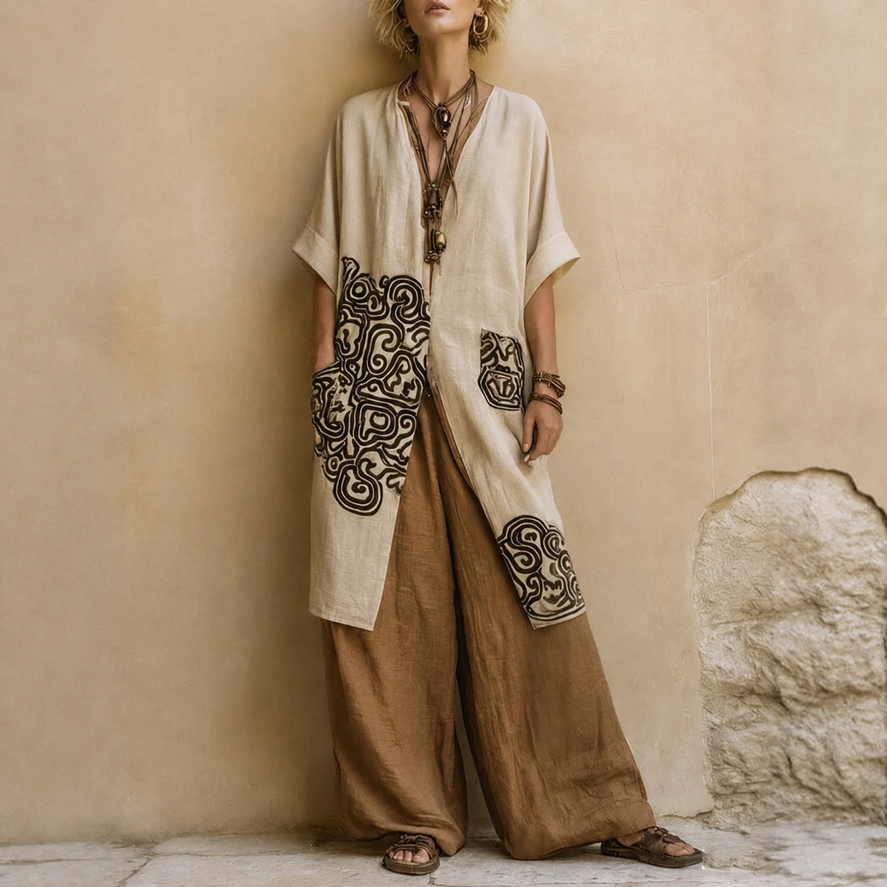 Iveta | Trzyczęściowy komplet boho z geometrycznym wzorem