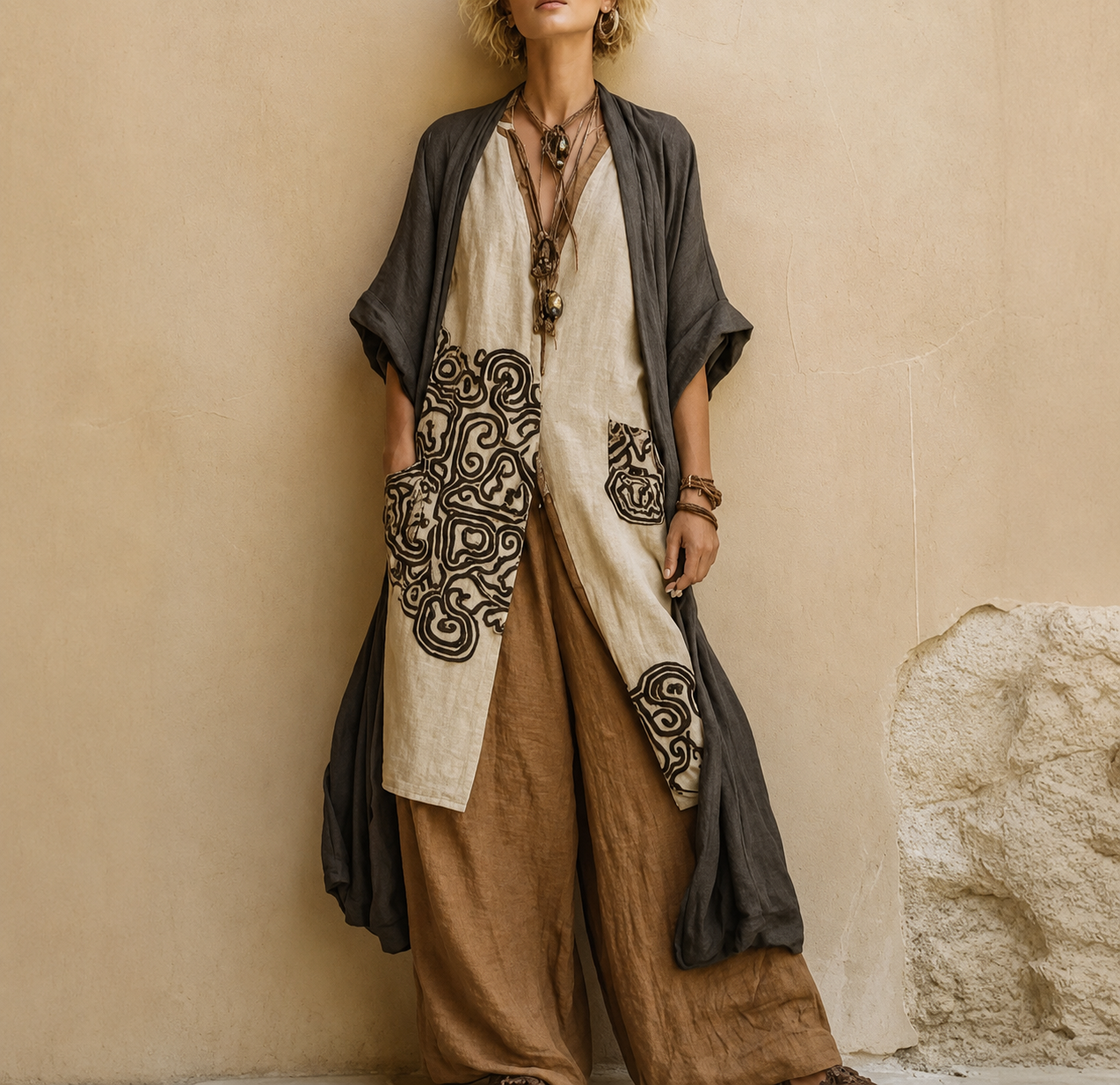 Iveta | Trzyczęściowy komplet boho z geometrycznym wzorem